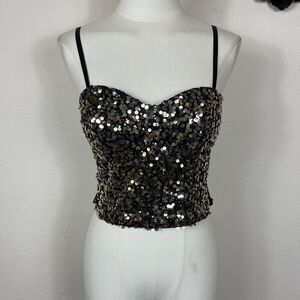 Vintage Deb Sequin Top Womens Medium Black Gold Bustier Corset Party 90s Y2K